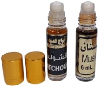 Pack 2 botellas de cristal 6 ml/u : 1 Musk + 1 pachuli, aceite perfume roll on sin alcohol