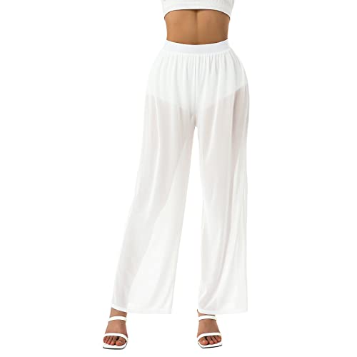 HUDFERG Womens See Through Sheer Mesh Chiffon Beach Pants Wide Leg High Waist Flared Bikini Bottom Cover-Ups (US, Alpha, Medium, Regular, Regular, White)