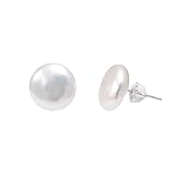 14 MM Large Freshwater Cultured Button Pearl Studs Earrings for Women, Sterling Silver Backing