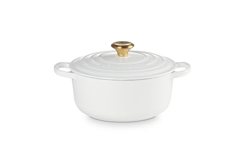 Le Creuset Signature - Cacerola redonda de hierro fundido esmaltado con 20 pomos GLD, color blanco