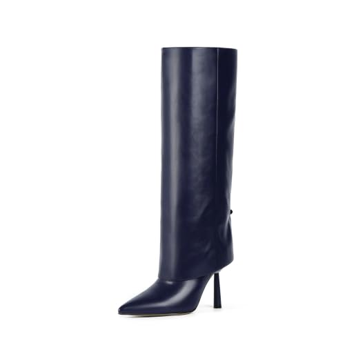 Modatope Fold Over Knee High Boots Pointed Toe Stiletto Heel Shark Boots