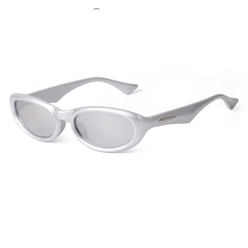 Lunettes de soleil œil de chat rétro pour homme à petite monture ovale argentée