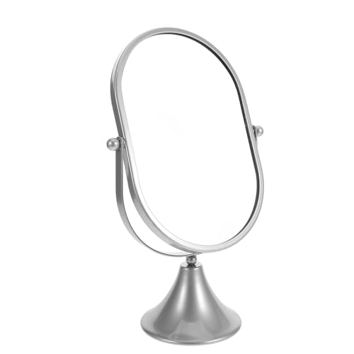 IMIKEYA Espejo de Maquillaje de Escritorio Ovalado Pequeño Marco de Hierro Plateado Base Estable Tipo Trompeta Adecuado para Tocador Dormitorio y Baño Espejo de Tocador Portátil y
