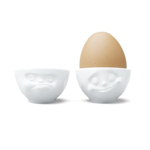 Produktfoto von FIFTYEIGHT PRODUCTS / Tassen/Eierbecher - Set Nr. 3 „Glücklich & HMPFF“ (Porzellan, weiß, Made in Germany)