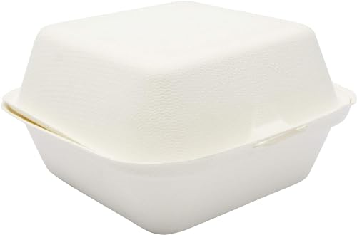 encase Biodegradable Sugarcane Clamshell Takeaway Box 6 x 6 Inch - Pack of 50 - Eco-friendly Packaging, White, 15.24 cm x 15.24 cm - Image 3