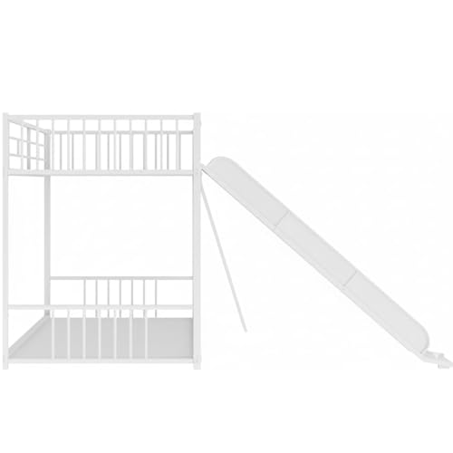 Image of Metal Bunk Bed Frame for Kids | Twin Over Twin Metal Bunk Bed with Slide for Bedroom Living Room Home (White)