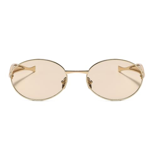 Long Keeper Retro Metal Oval Sunglasses for Women Men Trendy 70s Sardine Sun Glasses Slim Oval Shades Gold Metal Frame UV4002