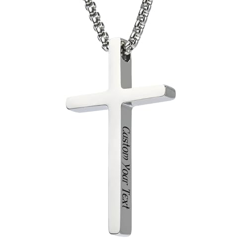 Personalized Cross Pendant Necklace Custom - Customized Christian Faith Jesus Necklace Engraved Text Name Date Bible Verse Necklace Religious Baptism Necklace Valentines's Day Gifts for Men Women