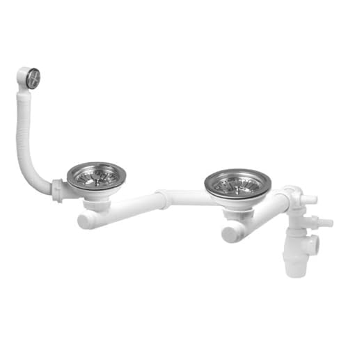 Wirquin 30723182 30723182-Set Completo di piletta e sifone per lavello 2 vasche con troppopieno Rettangolare e Presa Lavatrice, Cromato e Bianco