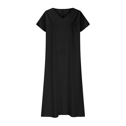Linen Dresses for Women 2025 V Neck Short Sleeve Summer Dress Casual Loose Flowy Swing Shift Split Dress with Pockets4