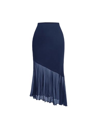 SHENHE Women's Mesh Asymmetrical Hem Lettuce Trim Bodycon High Waist Midi Fishtail Skirt