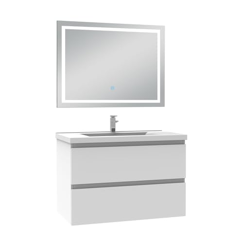 AICA Ensemble Meuble Salle de Bain 80cm Blanc Simple Vasque et Miroir Lumineux 3 Couleurs et dimmable