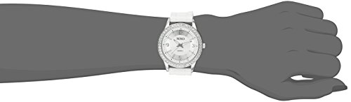XOXO Women's Rhinestone Bezel Watch with White Silicone Strap, Mother-of-Pearl Sunray Dial, Quartz Movement, 40mm Stainless Steel Case, Fits Wrists 5.5" to 8"