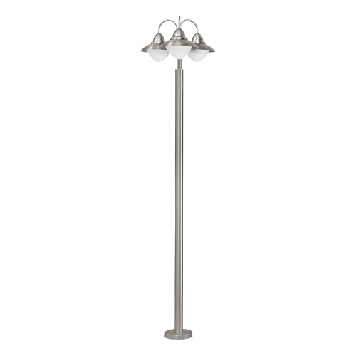 Eglo Lampadaire extérieur SIDNEY, luminaire extérieur à 3 flammes, lampe sur pied en acier inoxydable, verre : blanc, opale mat, couleur : argent, douille :...