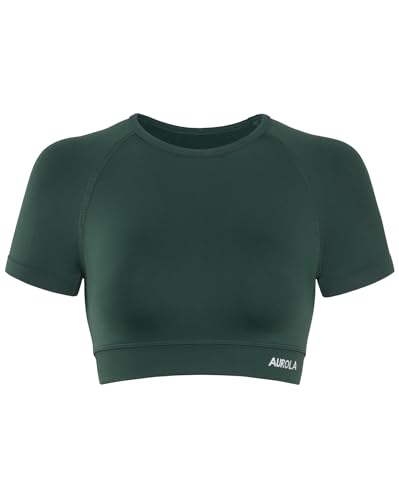 Image of AUROLA Influence Women Crop Top Short Sleeve Compression Workout T-Shirt | Raglan Short Sleeve Crop Top, High-Stretch Seamless Knit, Stay-Put Ribbed Underband, Soft Breathable Comfort