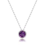 MAX + STONE 14k White Gold Round Pendant Necklace for Women with 7 mm Purple Amethyst February Birthstone on 18 Inch Cable Chain Spring Ring Clasp Bezel Set