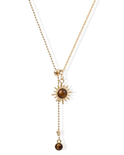 Zikichiky Tigers Eye Necklace for Women Dainty Y Shaped Tiger Eye Pendant Lariat Necklace Adjustable Chain Gemstone Sun Jewelry Gifts