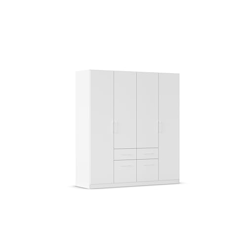 Rauch Möbel Glasgow Drehtürenschrank, Kleiderschrank, Schrank, Garderobe 4-türig, 4 Schubladen, Farbe Weiß, Griffprofil Weiß, 181x197x54cm