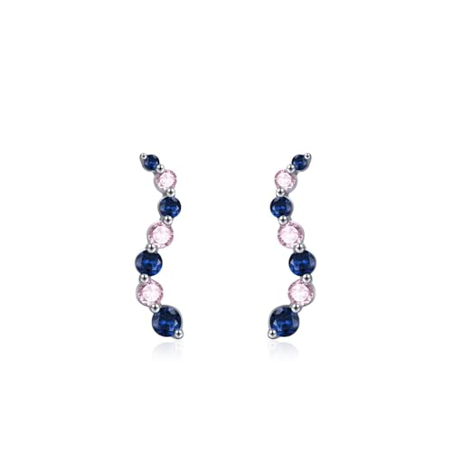 Pendientes de tuerca para mujer, oro blanco, onda con zafiro creado redondo y moissanita rosa claro, 9K/14K/18K, Metal, Zafiro sintético Moissanita