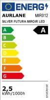 Energy efficiency label for AURLANE MIR012 LED mirror, showing A+ rating.