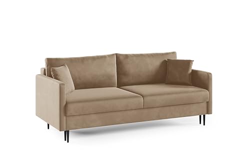 LIKMA Mara - canapé-lit 3 Places Convertible 209 cm avec Coffre, Velours Riviera 24 Beige, clic-clac lit d’appoint