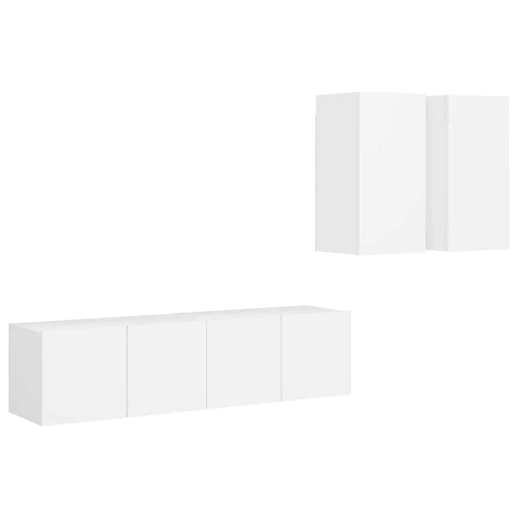 4-TLG. TV-Schrank-Set Weiß Holzwerkstoff, Hängendes Lowboard für Wohnzimmer, Modernes Media-Center mit Viel Stauraum, Einfache Wandmontage