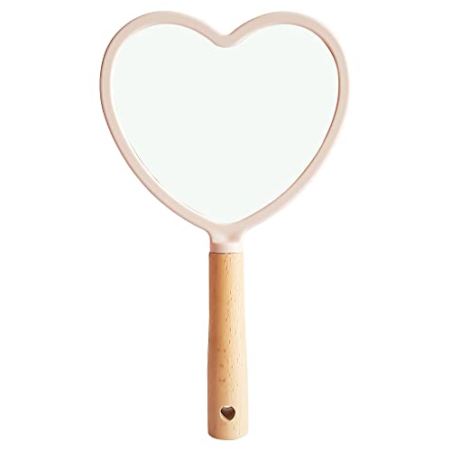 DAZVI Mirror Round Square and Hearts Shape for Shaving Makeup & Grooming Portable Handheld Modern Beauty Hand Mirror with Hanging Dressing Table Travel Kit Or Bathroom (Wooden Handle) (Heart)