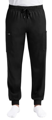 Just Love Mens Jogger Scrub Pants 6-Pocket 4-Way Stretch Slim Fit Medical Uniform Bottoms with Drawstring Black Large