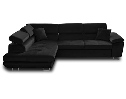 Bestmobilier - Canapé d'angle Convertible avec Coffre - Angle Gauche - Dimas en Velours - Canapé Lit - Sofa Noir 5 Places - Têtières Réglables - Salon