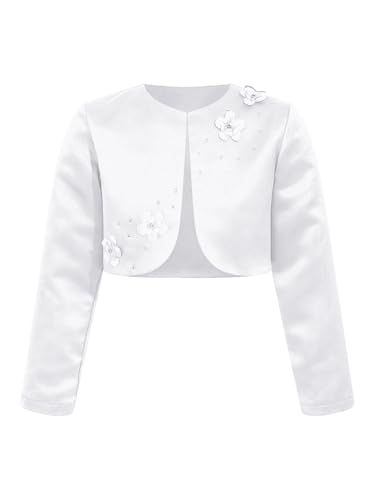 Kids Girls Long Sleeve Satin Flower Girl Bolero Shrug Flower Applique Cropped Cardigan Jacket Coat Top - Main Image