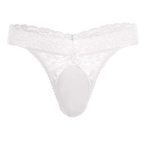 String sissy en dentelle pour homme - Culotte de bikini en maille transparente - Dos en T, Pochette blanche brillante, Large