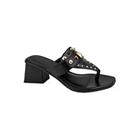 Sandália Feminina Salto Bloco Médio Detalhe Dourado Conforto Estilo (Preto, BR, Adulto, Numérico, 34)