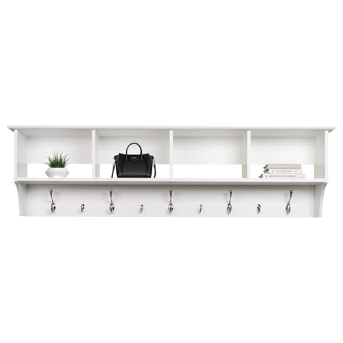 Prepac 60" Contemporary Wall Mounted Coat Rack, Coat Hooks Wall Mount with 4 Shelves, Ideal for Hallway or Entryway Storage Solution, 11.5"D x 60"W x 16.5"H, White