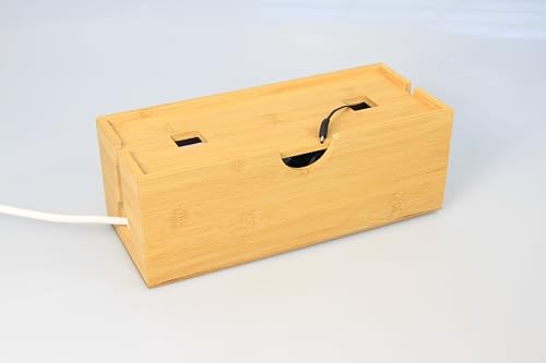 Bamboo Cable Management Box, Natural Wood Cord Organiser with Lid, Home Office Wire Storage Solution
