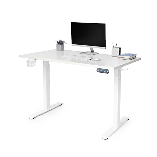 Image of Motorised Height Adjustable Desk | 80 kg Capacity | Sturdy Build, DIY Assembly, 2-Year Warranty (Frosty White Top 1200 X 600 mm / 18mm Thickness), White Frame | Includes Cup & Headphone Hook