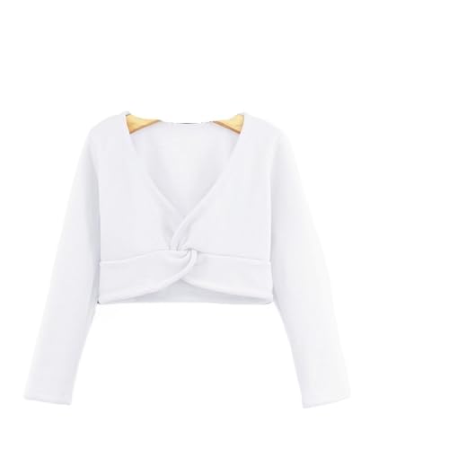 Girls Classic Thick Ballet Long Sleeve Wrap Top Velvet Inner Winter Warm Up Cardigan Shrug Front Knot Dress Cover Up for Pilates Yoga Workout(White,M(100-120cmHeight))