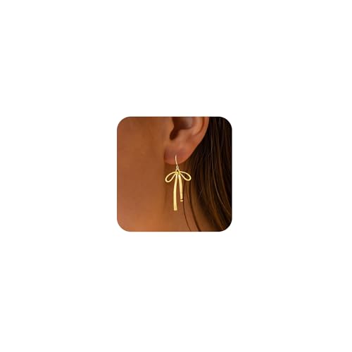 Gold Bow Earrings for Women Trendy, Cute Bow Stud Earring 14k Gold Plated Dainty Ribbon Pearl Bow Drop Dangle Earrings Hypoallergenic Gold Earrings Sparkly Christmas Earrings for Women Jewelry Gift