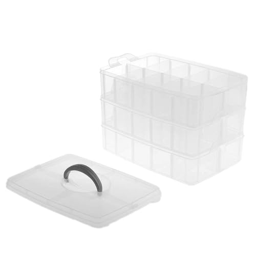 Image of PAXCOO 3-Tier Stackable Storage Box with 30 Compartments Compatible with Lego Bricks, Building Bricks, Plastic Storage Box for Building Bricks, Kids Toy and More (Transparent White)