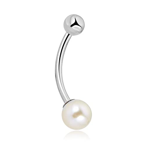 Image of AVORA 10K Yellow /White Gold Freshwater Pearl Belly Button Ring Body Jewelry (14 Gauge)