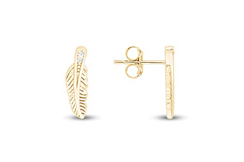 Round Sparkling White Cubic Zirconia Dainty Feather Stud Earrings 14k Yellow Gold Plated 925 Sterling Silver with push-backs