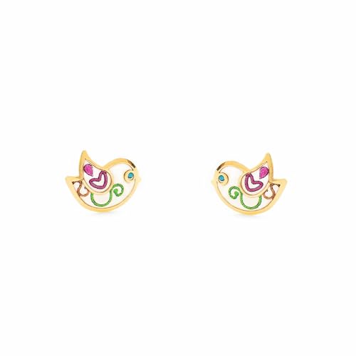 Pendientes Oro Niña Pájaro Esmaltado Antialérgicos para Pieles Sensibles