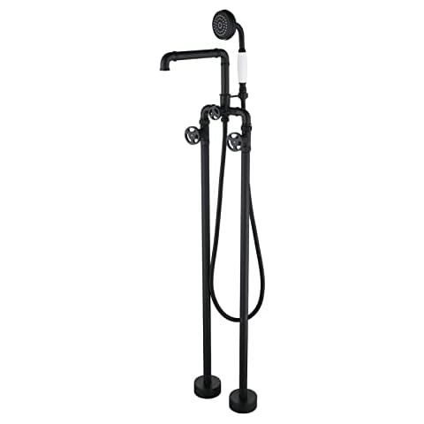 Industrial Freestanding Bath Tap Black, Brass Tub Filler Tap with Handheld Shower, Double Handle Bath Mixer Tap, Floor Mounted Bathtub Faucet Cover
