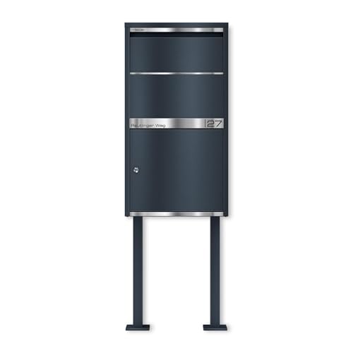 Metzler Caja para paquetes con placa de acero inoxidable grabable y cerradura segura en antracita RAL 7016, resistente a la intemperie e inoxidable, independiente con soporte, entrega sin contacto