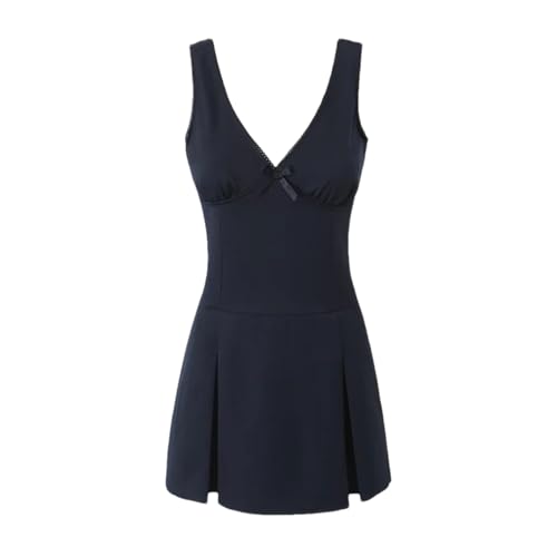 Vestido corto sin mangas con escote en V profundo para mujer, color liso, vestido de fiesta en la playa, azul marino, S