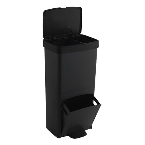 Cubo de basura o reciclaje 70L, VERTICAL, en 2 Compartimentos, Papelera para residuos, 76 cm de altura, fácil gestión, en NEGRO