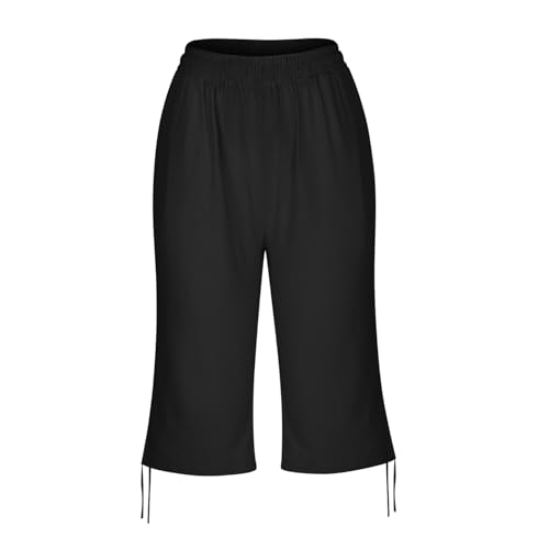 Womens Bermuda Shorts Knee Length Summer Casual Drawstring Elastic Waist Linen Shorts Pedal Pushers with Pockets Ladies Teacher Spring Bermudas Linen Plus Size Clothes Capri Loungewear Black 2XL