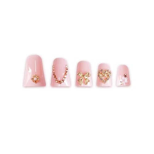 Image of White Press on Nails French Tip Fake Nails Duck False Nail with Charms Design Bow Heart Glue on Nails Glossy Full Cover Artificial Acrylic Nude Stick on Nail for Women Girls Manicure 24Pcs