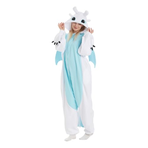 XELNOL Unisex Adult Onesie Dragon Animal Pajamas,Halloween Cosplay Costumes,Cartoon Costumes Party Wear(BS Dragon-L) White