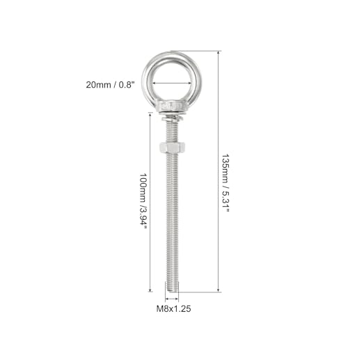 Image of uxcell M8*100 5 /16 inchx3.94 inch Stainless Steel Eye Bolts Threaded Screw Eyebolt Shoulder Ring with Nuts Washers for Lifting Hanging, 2 Set