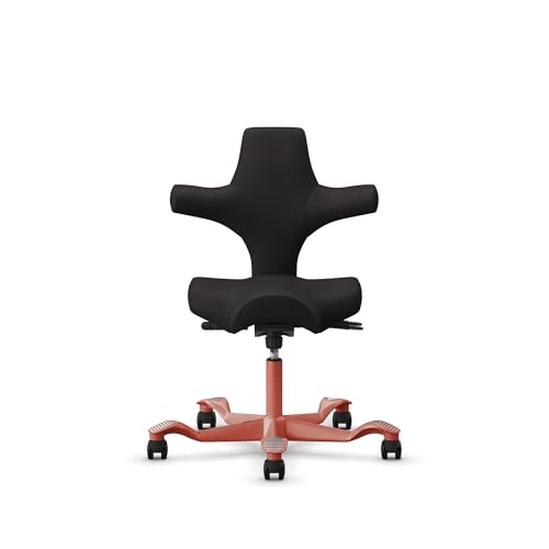 Image of HAG Capisco Sit to Stand Chair-Blush Rose Frame-Upholstered Black Onyx Vinyl